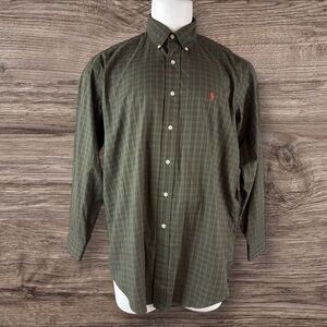 VTG Polo Ralph Lauren Mens L Green Plaid Classic Fit LS Button Preppy (527)